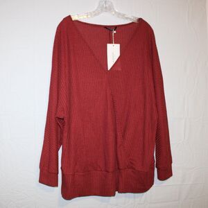Bloomchic Blouse Women's 2X Wrap Knit Burgundy Russet VNeck Long Sleeve Plus NWT